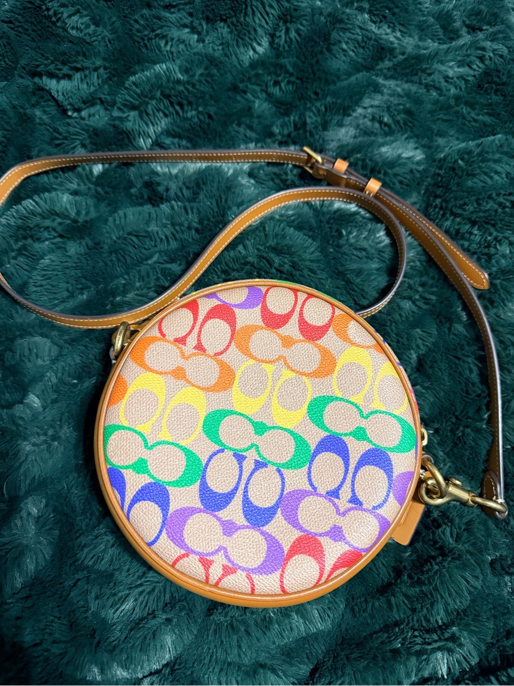Coach Rainbow Signature Round Crossbody Bag with Tan Trim